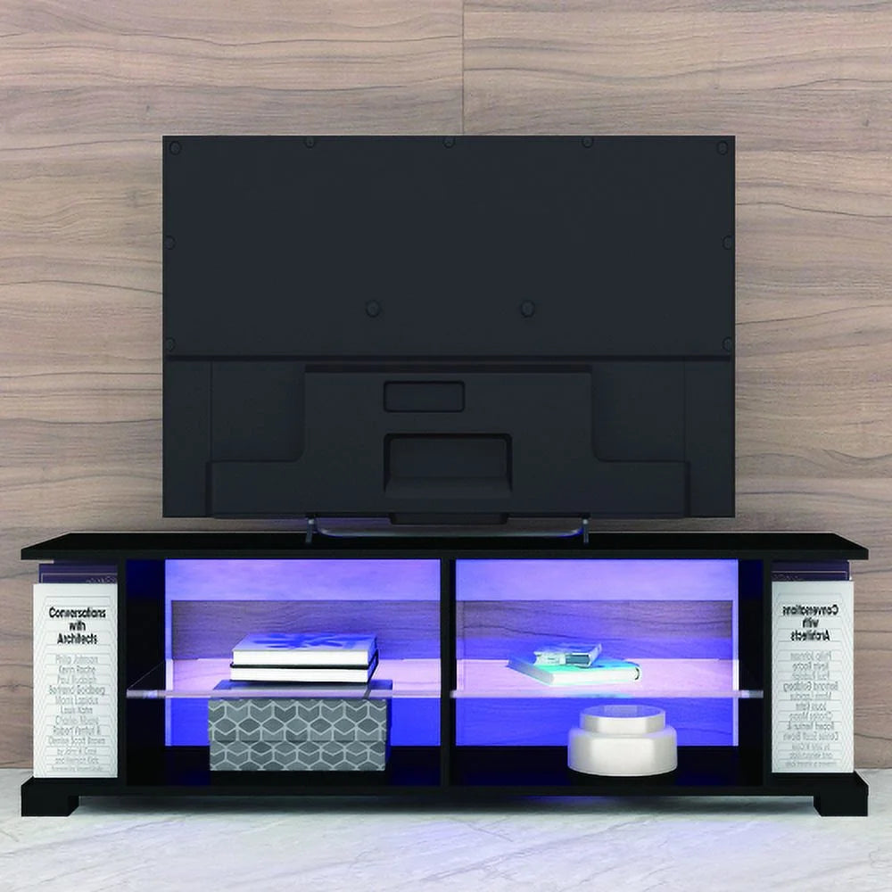 Black 57 Inch TV Stand with LED Lights and Glass Shelves L98453