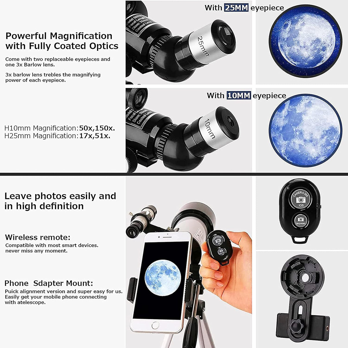 70mm Aperture 400mm AZ Mount Refracting Telescope with Phone Adapter and Wireless Remote U9356