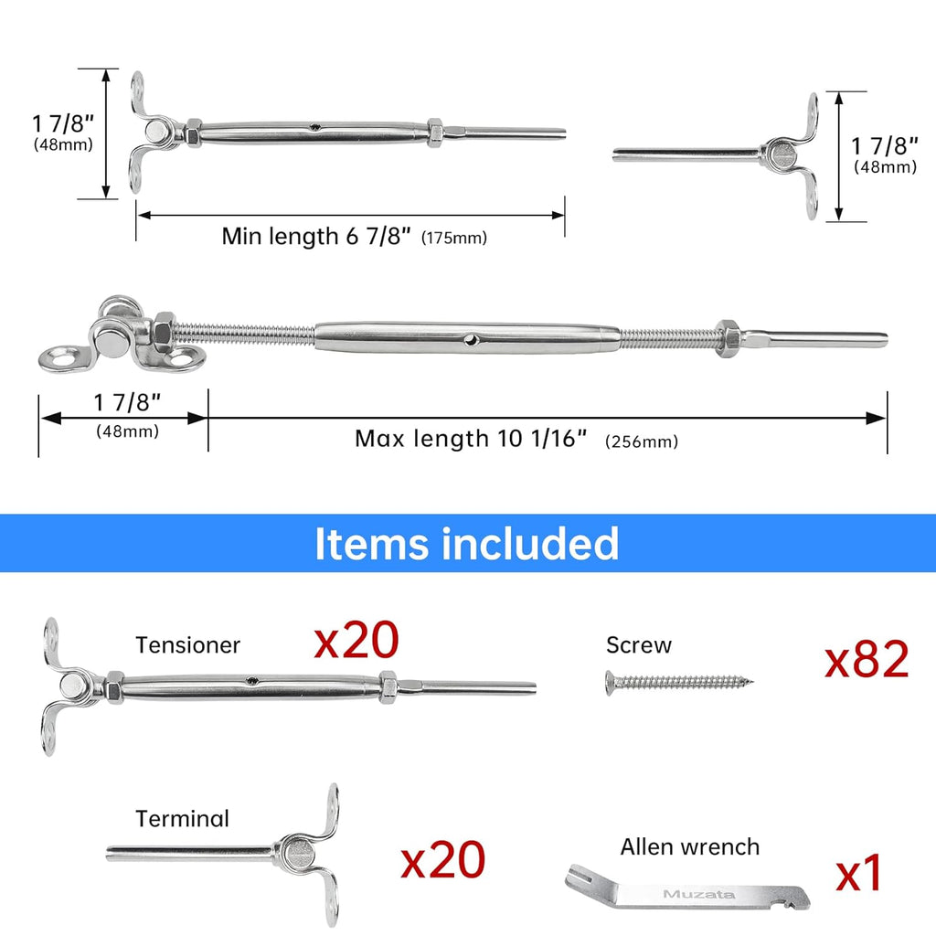 20 Set Cable Railing Kit 1/8 Swage Toggle Turnbuckle Hardware T316 Stainless Steel Angle 180° Adjustable N6351