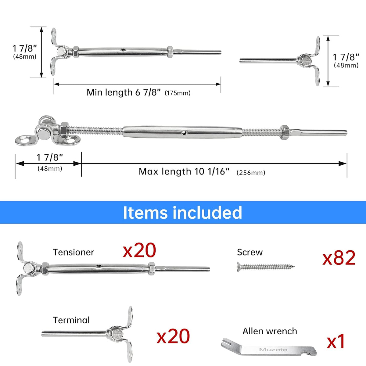 20 Set Cable Railing Kit 1/8 Swage Toggle Turnbuckle Hardware T316 Stainless Steel Angle 180° Adjustable N6351