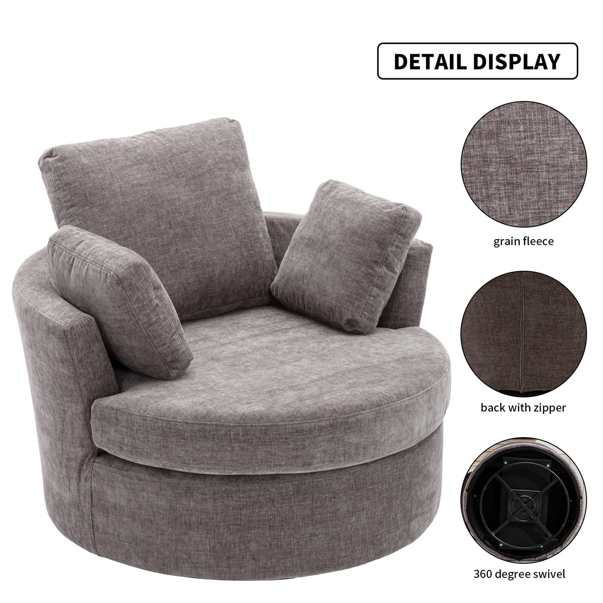 Oversized Round Swivel Accent Chair with 3 Pillows A774