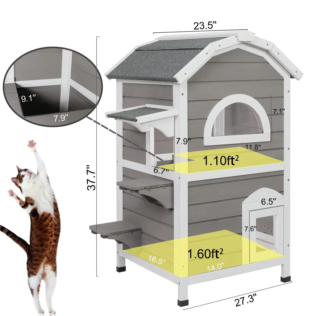 Weatherproof Two Story Wooden Outdoor Cat House R429