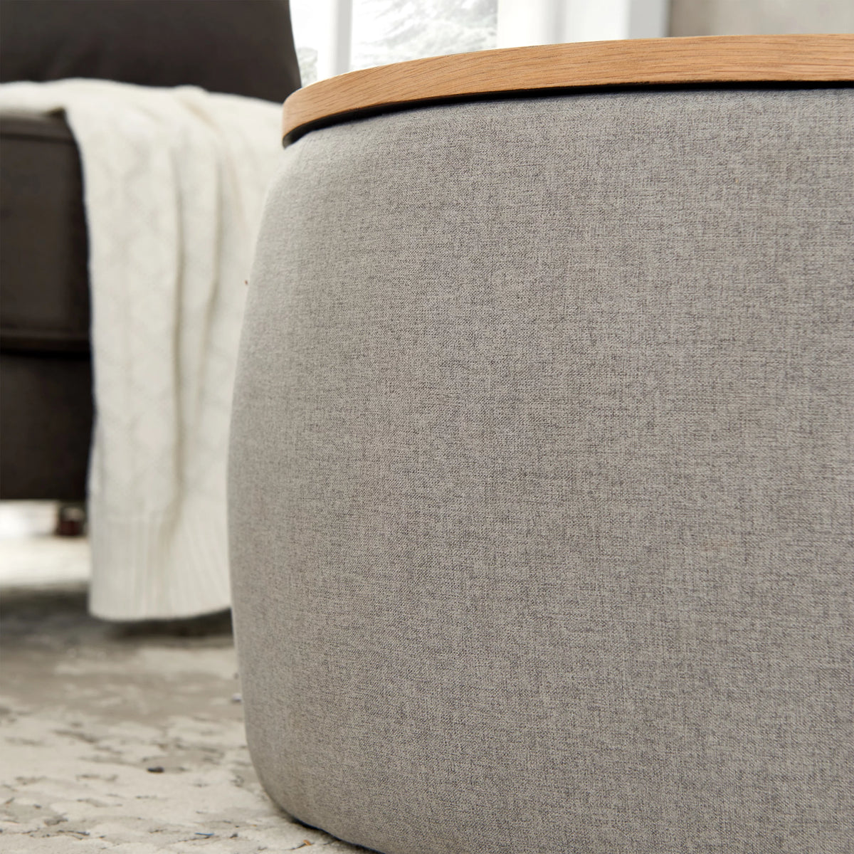 Grey Round Storage Ottoman with Wood Tray S88918