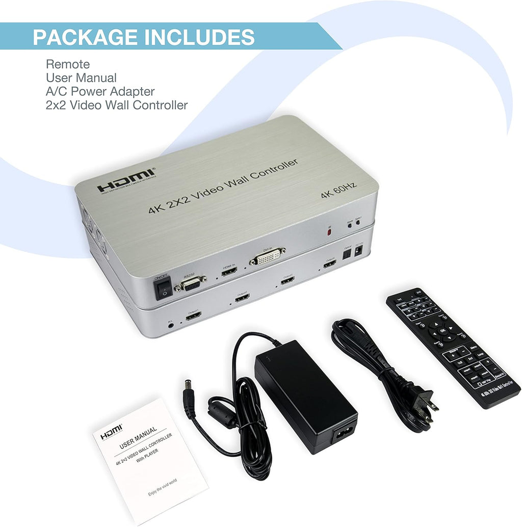 2x2 Video Wall Controller, 4K@60Hz, HDMI 2.0, HDCP 2.2, 90° Rotation, Edge Masking C438377