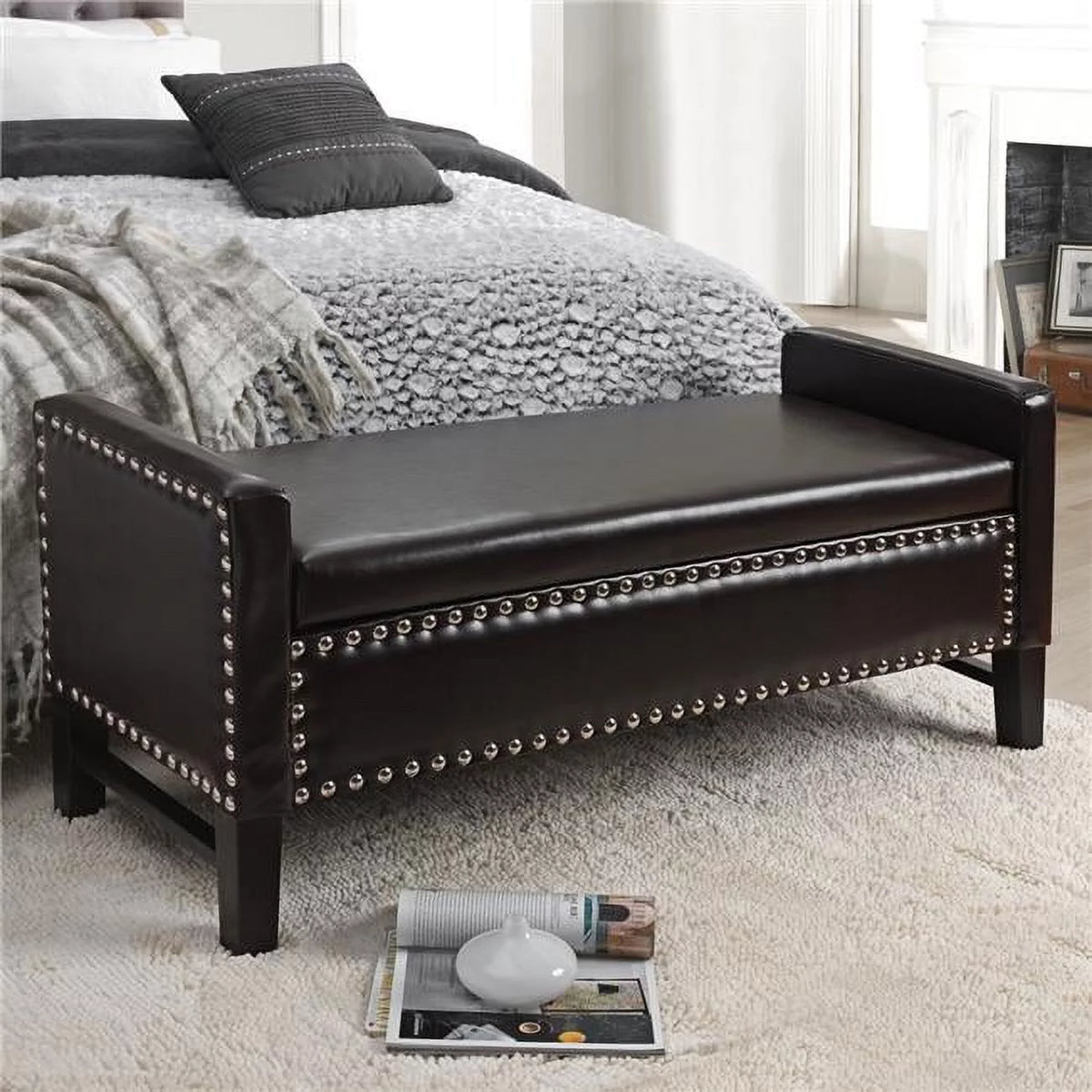 Espresso Faux Leather Storage Bench with Nailhead Trim Y512