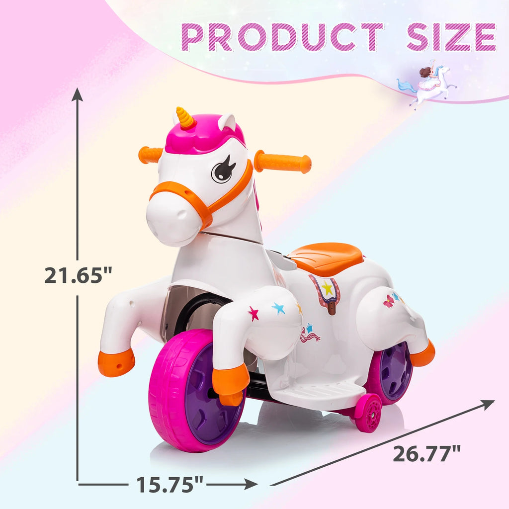 6V Unicorn Rocking Horse Toy Car with Music, Training Wheels J9265