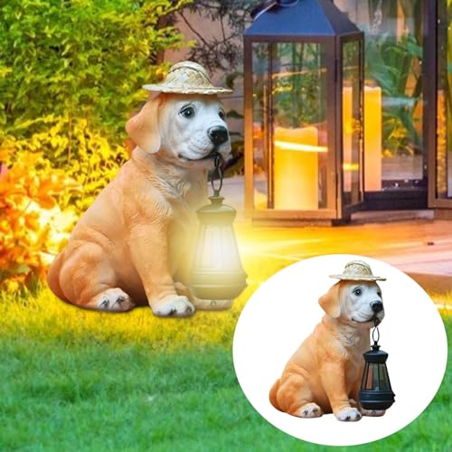 Resin Dog Statues with Straw Hat and Solar Led Lantern Q19478