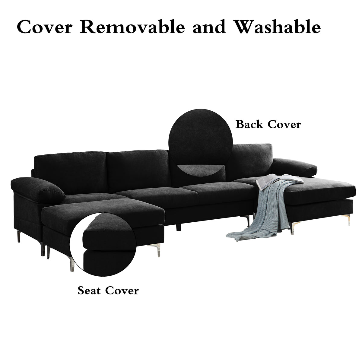 Black Polyester L-Shaped Sectional Sofa with Ottoman V304