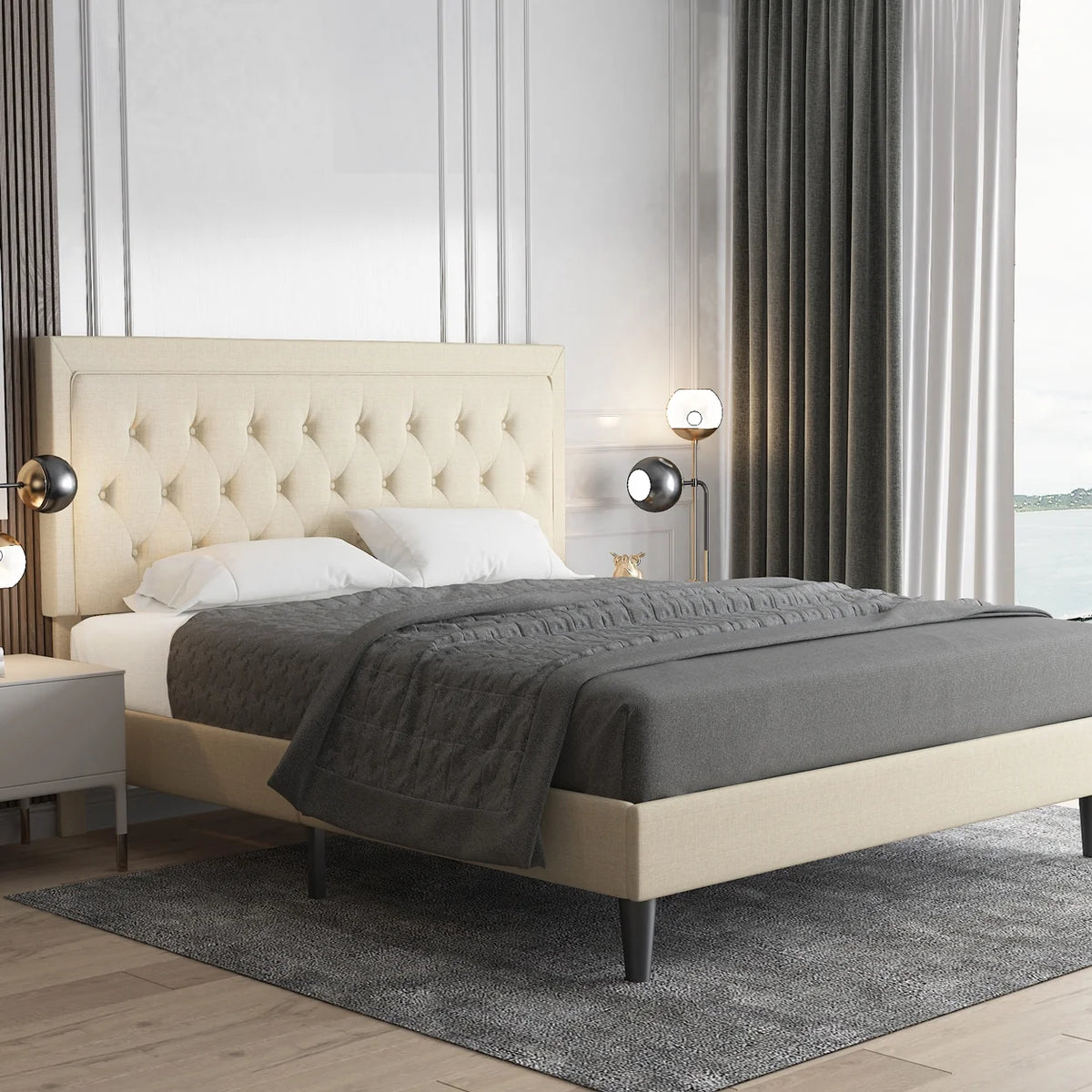 Queen Size Upholstered Platform Bed with Adjustable Headboard H545