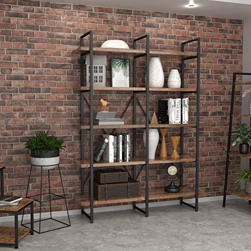Double Wide 5-Tier Open Bookcase Wood and Metal Shelves K2378