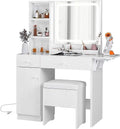 White Vanity Desk with Lighted Mirror and Storage Stool E917355