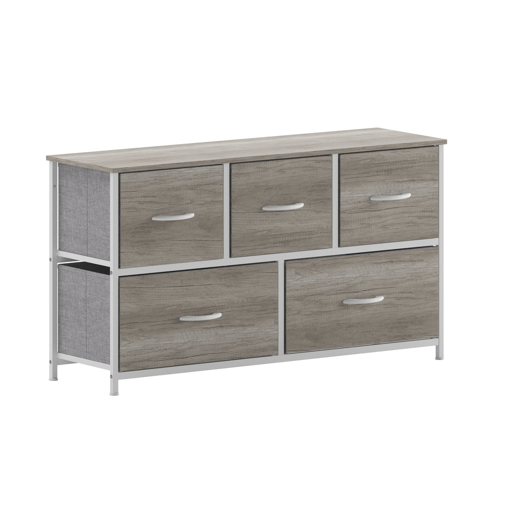 5 Drawer Storage Dresser with White Cast Iron Frame and Light Natural Wood Top D9239