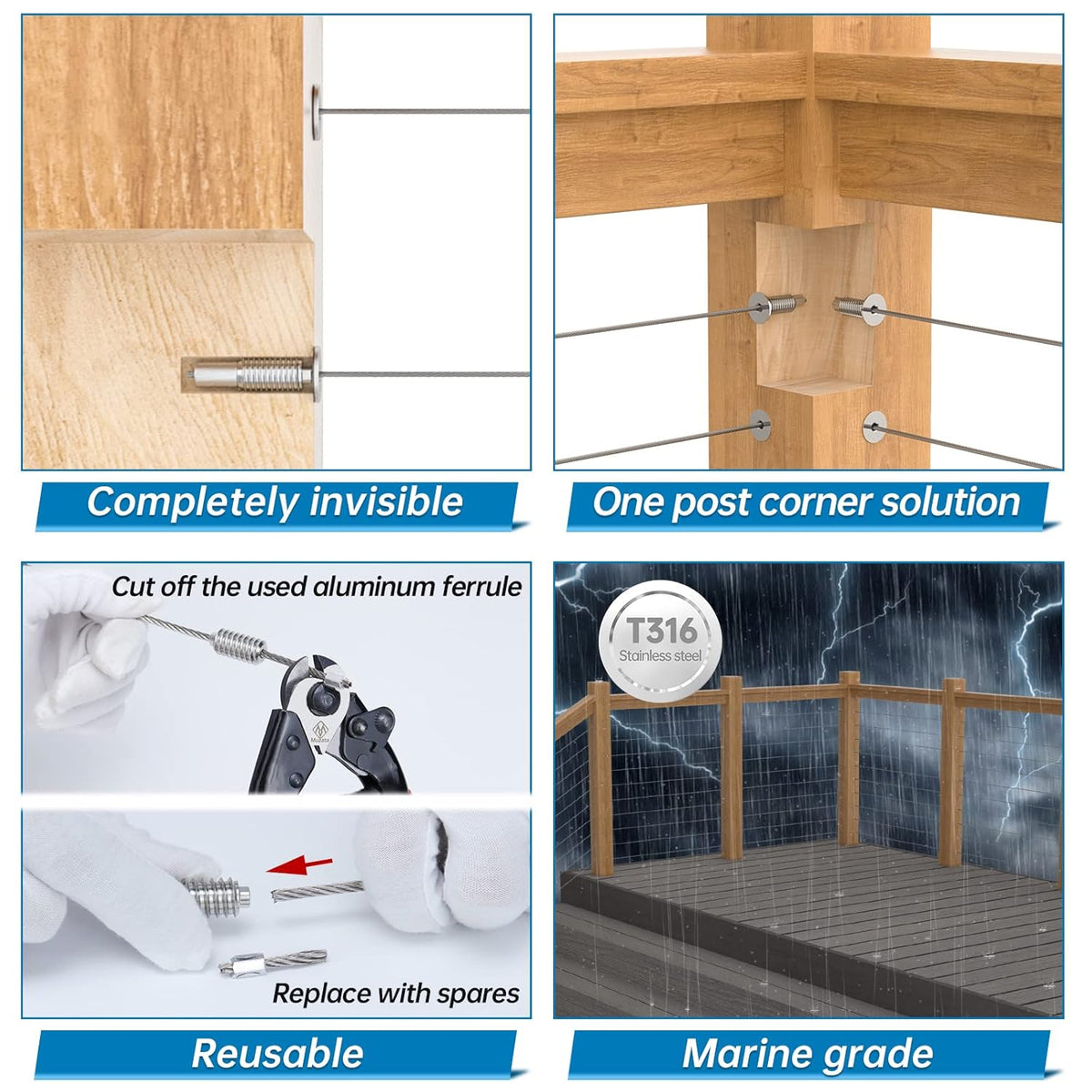 20Pack 1/8" Invisible Cable Railing Kit T316 Stainless Steel for Wood Posts Deck Stairs R3074