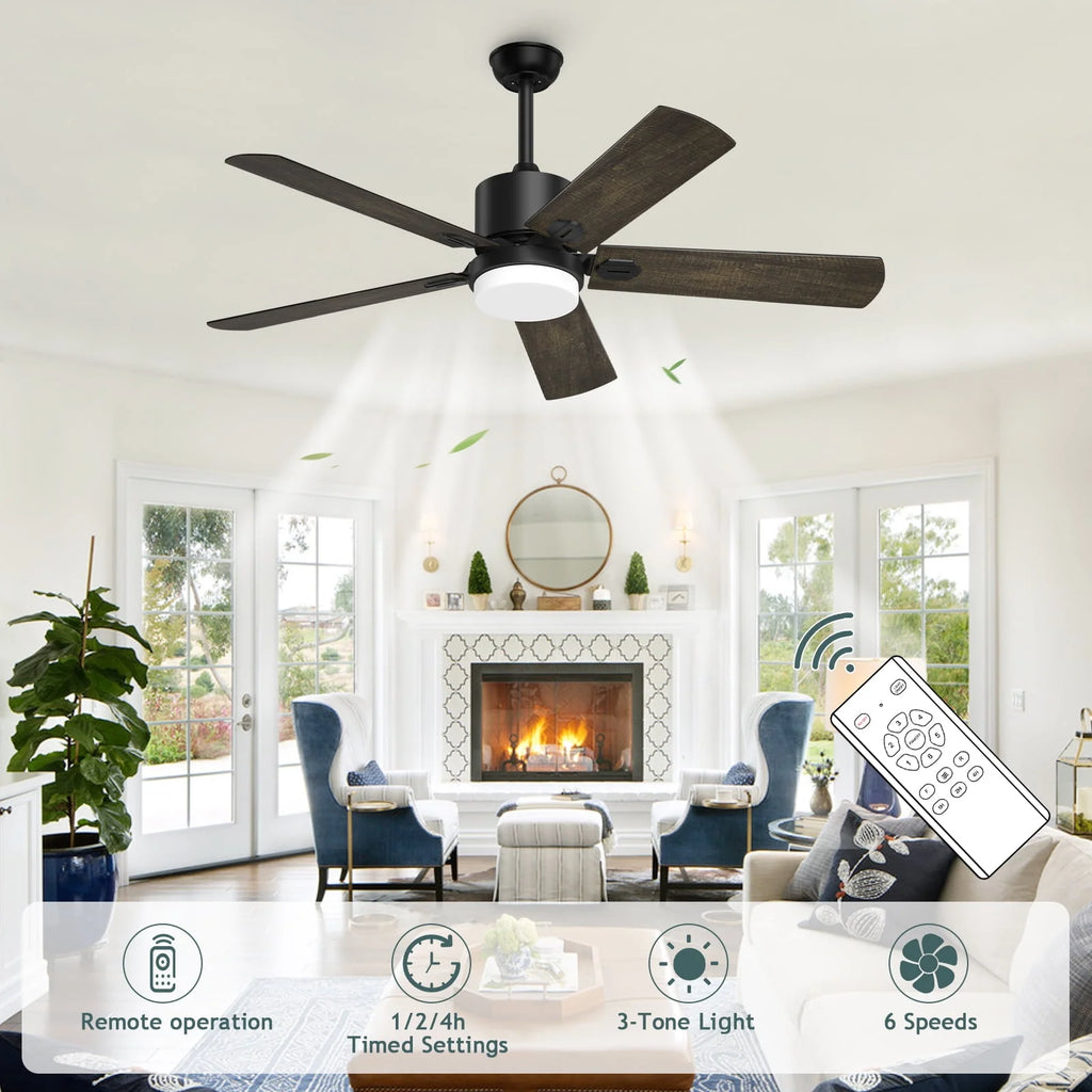 Ceiling Fan with Light and Remote Control, 52 '' 6-Speed Reversible 5 Wood Blades O606