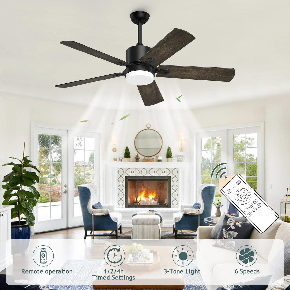 Ceiling Fan with Light and Remote Control, 52 '' 6-Speed Reversible 5 Wood Blades O606