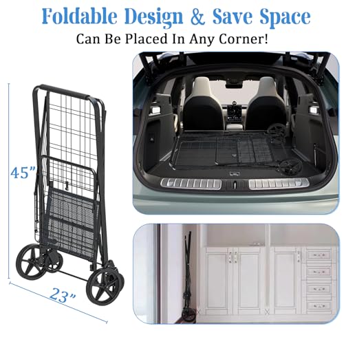 Heavy Duty Folding Shopping Cart with Double Basket, 360° Swivel Wheels, Waterproof Bag S115