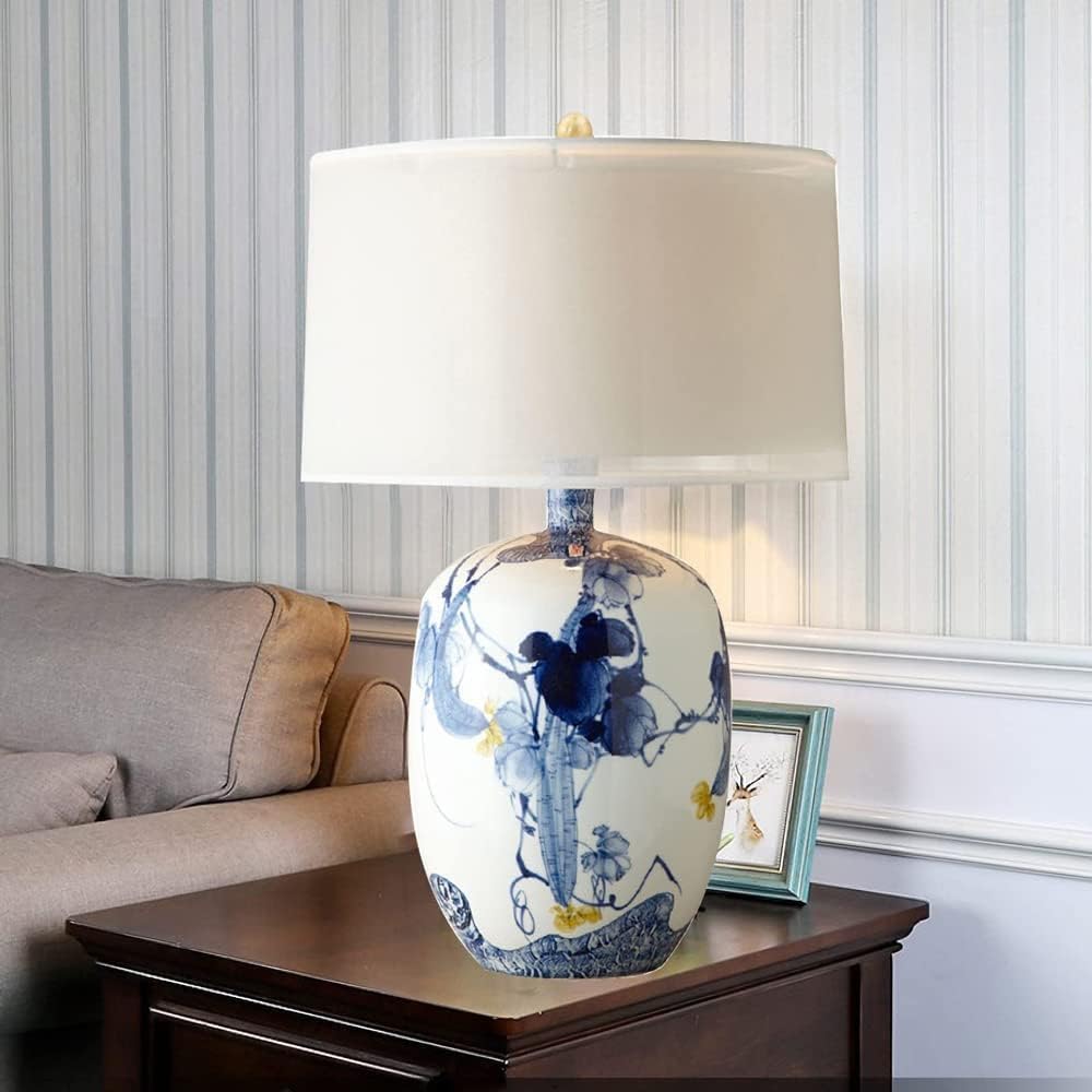 Blue and White Porcelain Table Lamp with Drum Shade P33135