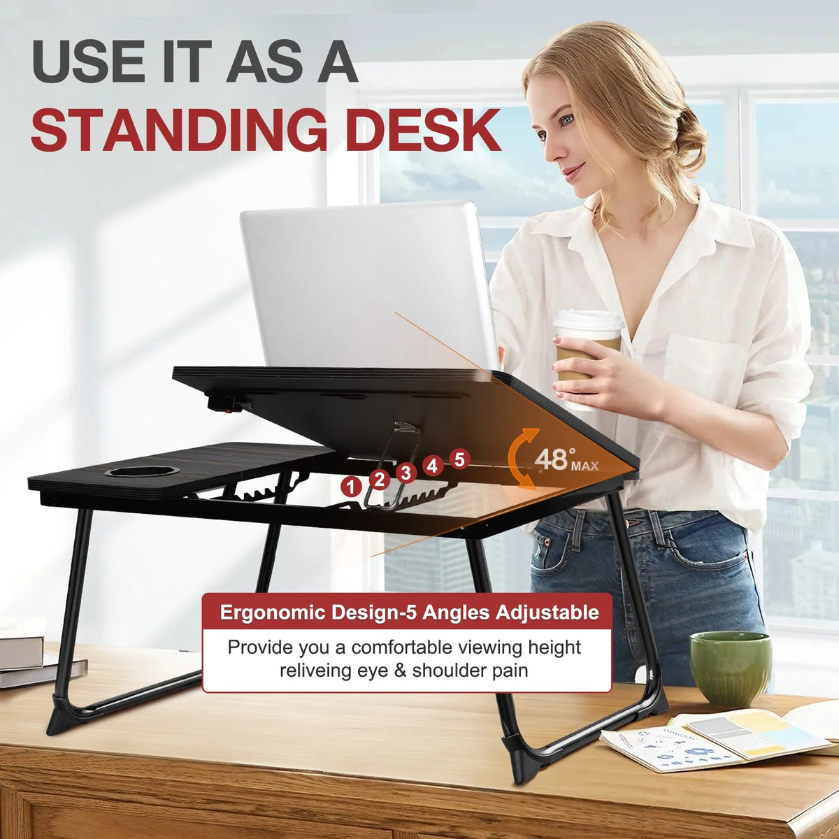 Foldable Adjustable Lap Desk with Cup Holder, Black O570
