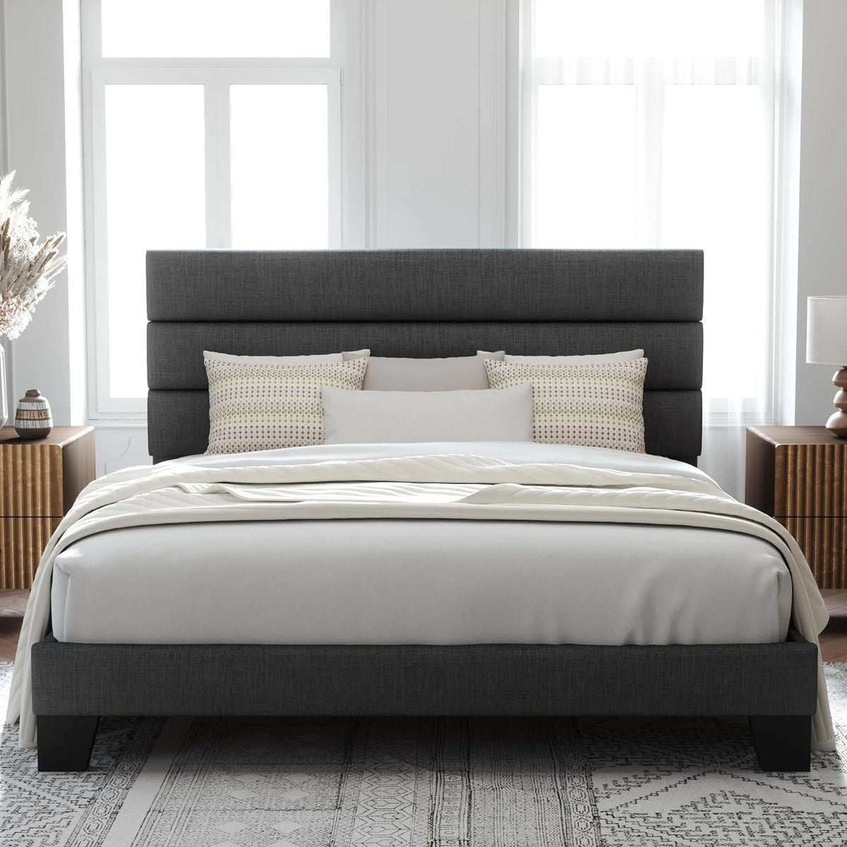 King Fabric Upholstered Platform Bed Frame with Wooden Slats S771