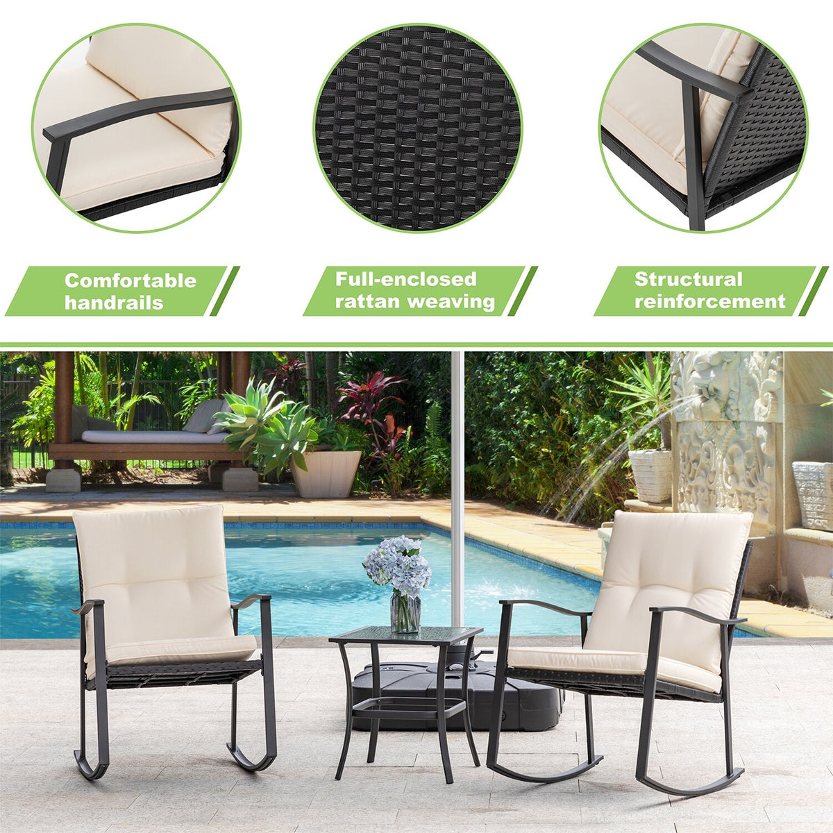 3 Piece Beige Outdoor Rocking Chair Set E566