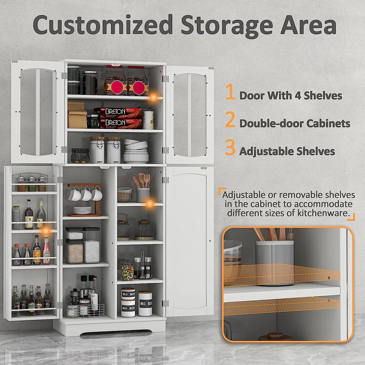 White Wood Kitchen Pantry Storage Cabinet with Doors and Shelves Q753831