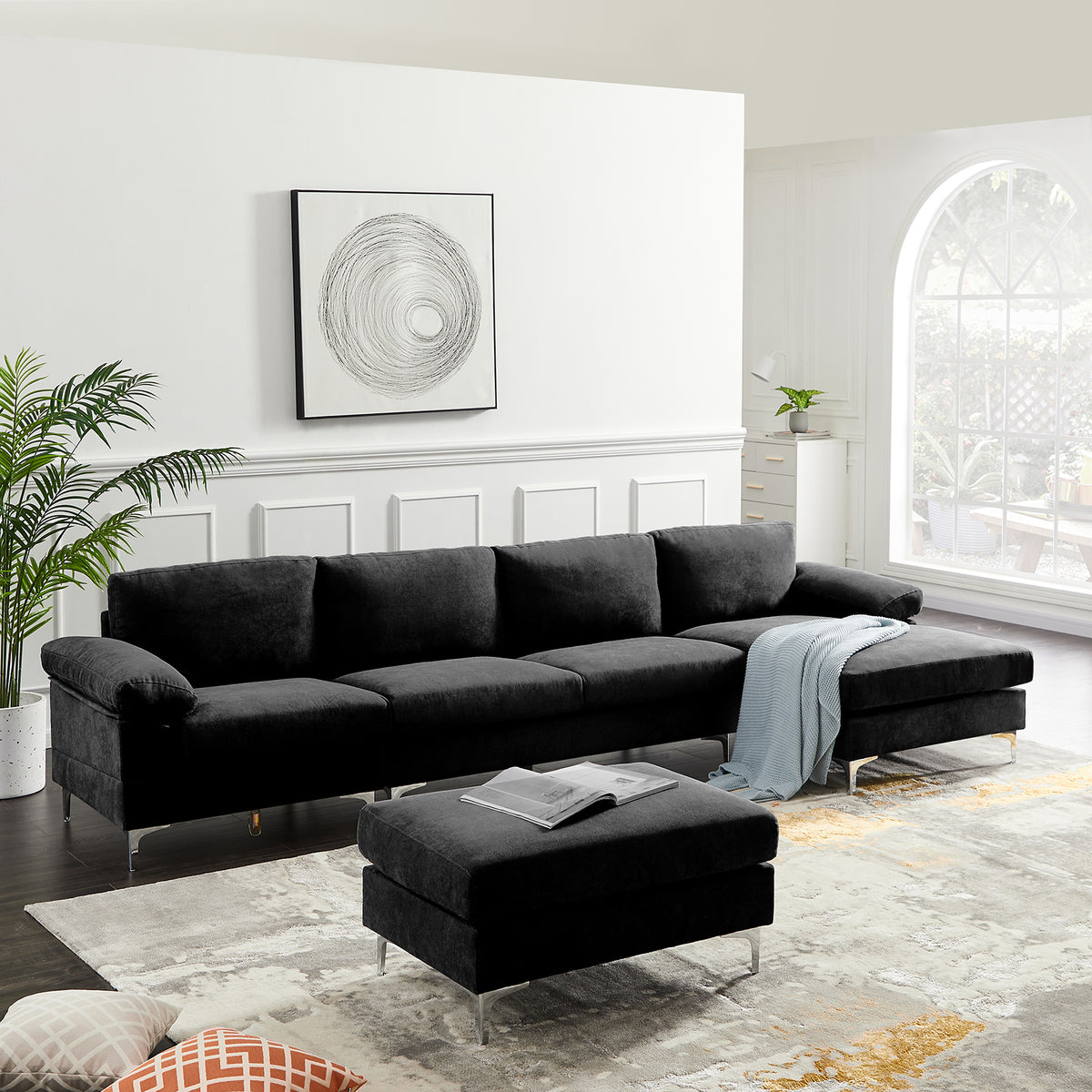 Black Polyester L-Shaped Sectional Sofa with Ottoman V304
