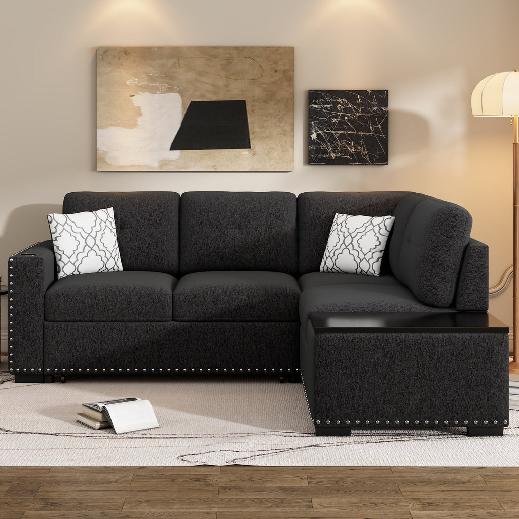 Black Reversible Pull-Out Sectional Sofa Bed with Storage Chaise P939941