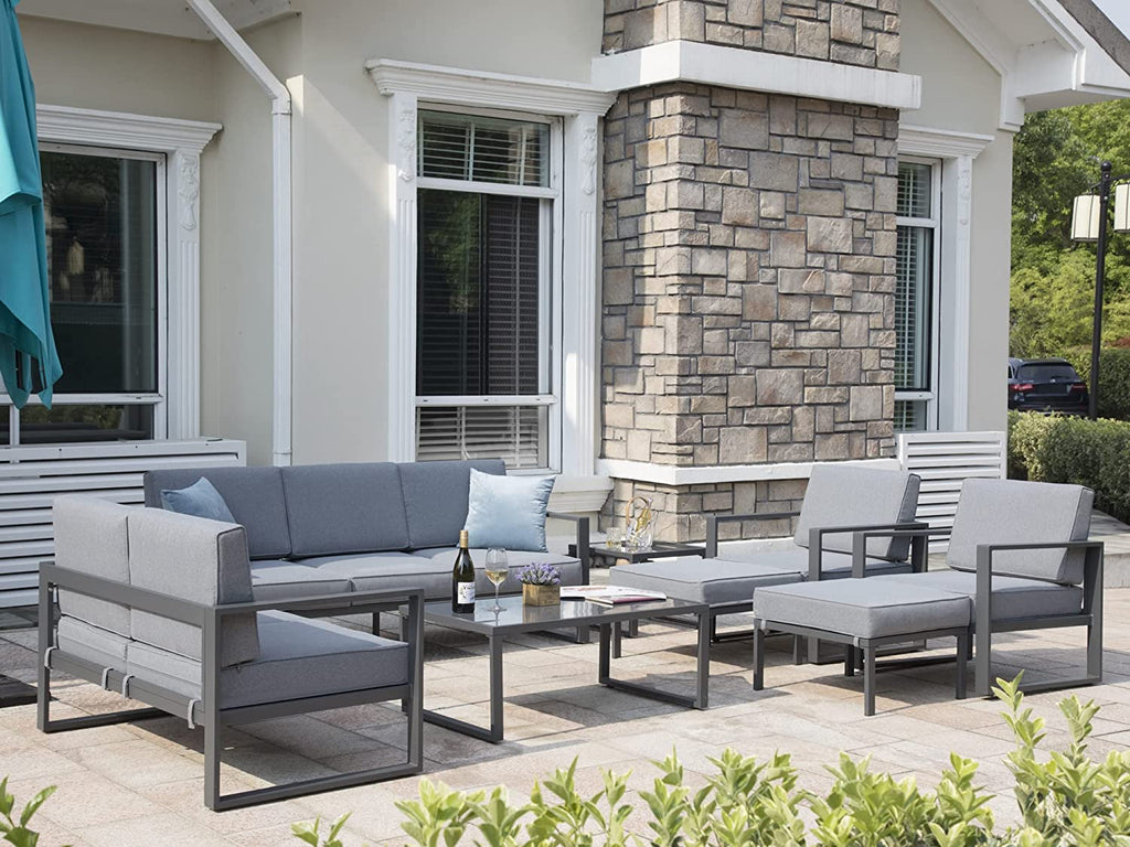 Grey 8 Piece Aluminum Outdoor Sectional Sofa with Ottomans and Coffee Table G756