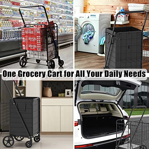 Heavy Duty Folding Shopping Cart with Double Basket, 360° Swivel Wheels, Waterproof Bag S115