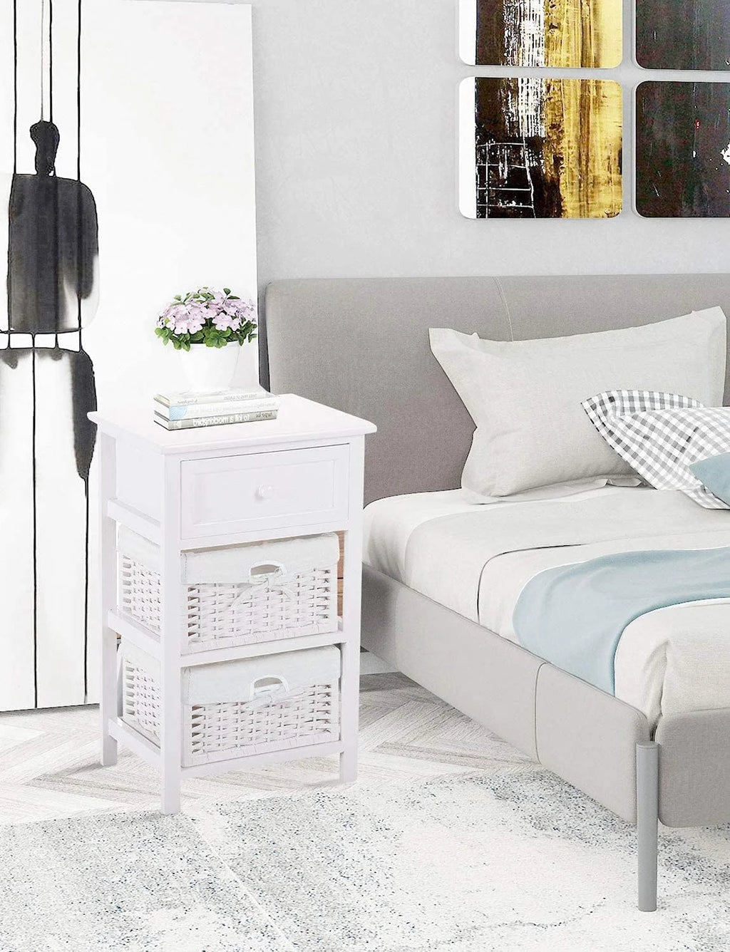 White 3 Tiers Nightstand with One Drawer 2 Baskets N354104