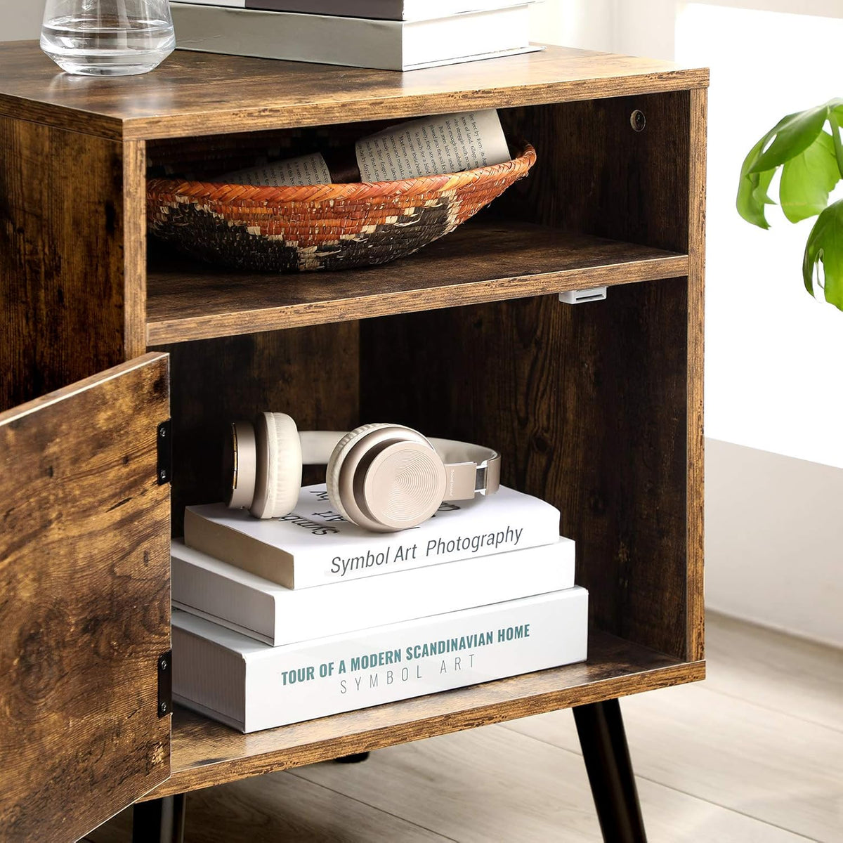 Rustic Brown Nightstand with Open Shelf and Cabinet G657375