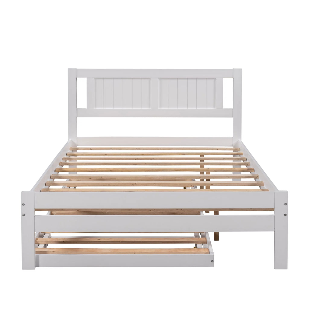 Platform Bed with Adjustable Trundle, Solid Wood, Headboard C5747