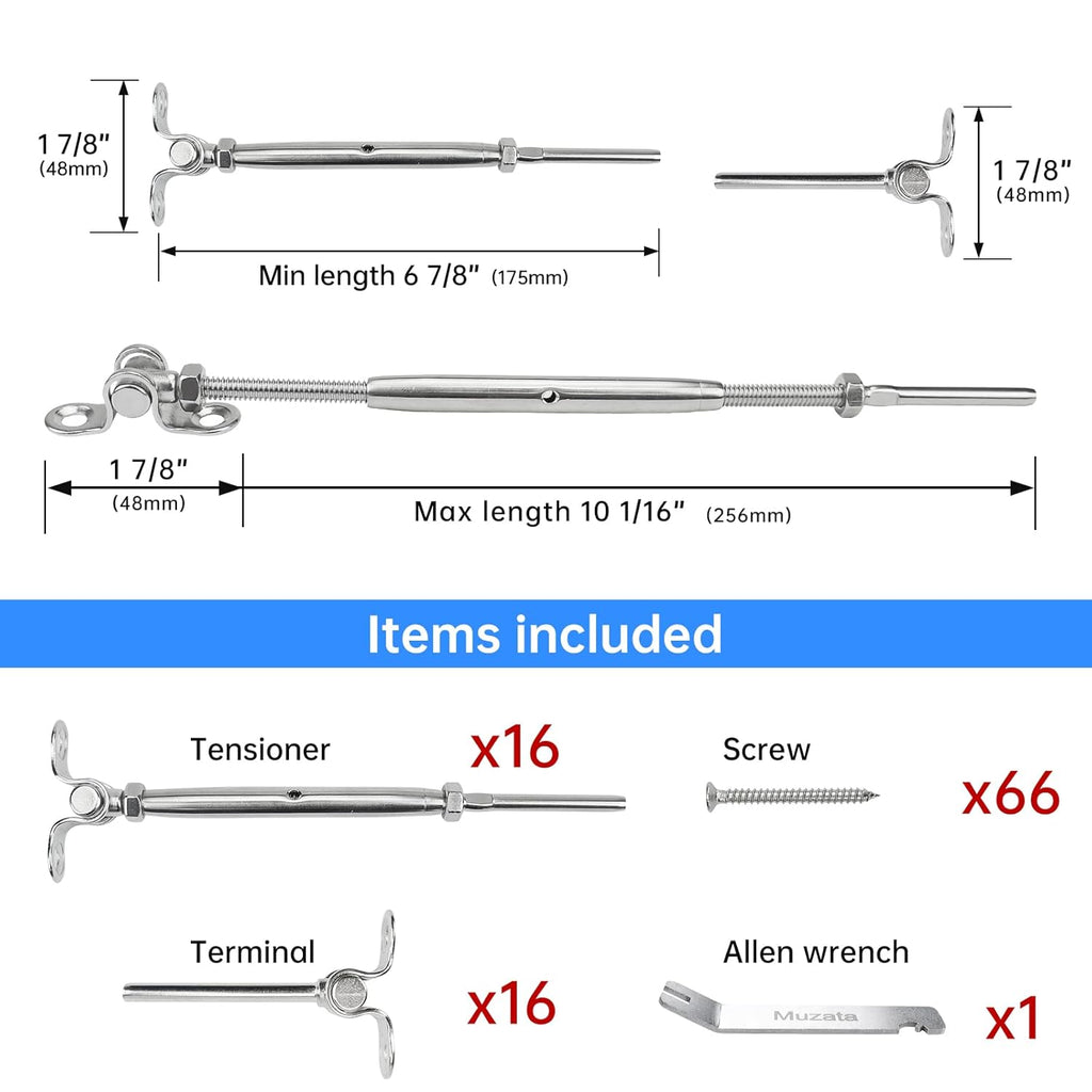 20 Set Cable Railing Kit 1/8 Swage Toggle Turnbuckle Hardware T316 Stainless Steel Angle 180° Adjustable N6351