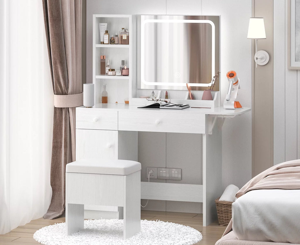 White Vanity Desk with Lighted Mirror and Storage Stool E917355