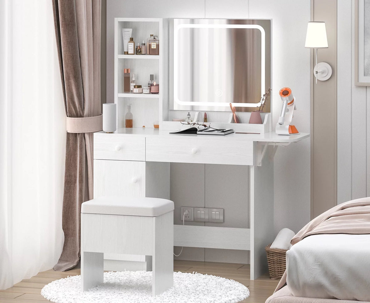 White Vanity Desk with Lighted Mirror and Storage Stool E917355
