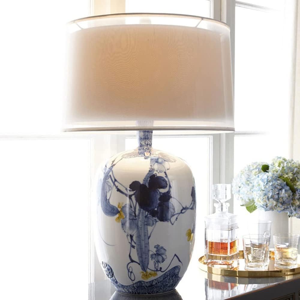 Blue and White Porcelain Table Lamp with Drum Shade P33135