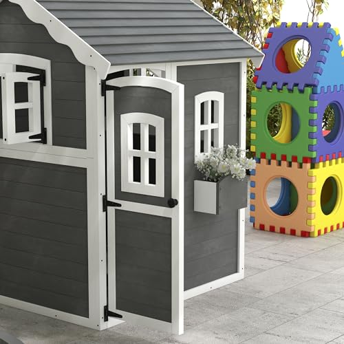 Gray Wooden Playhouse with Floor, Door, Windows & Planter Box O4539