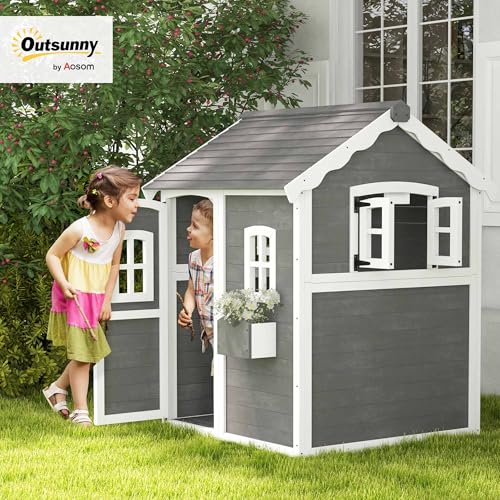 Gray Wooden Playhouse with Floor, Door, Windows & Planter Box O4539