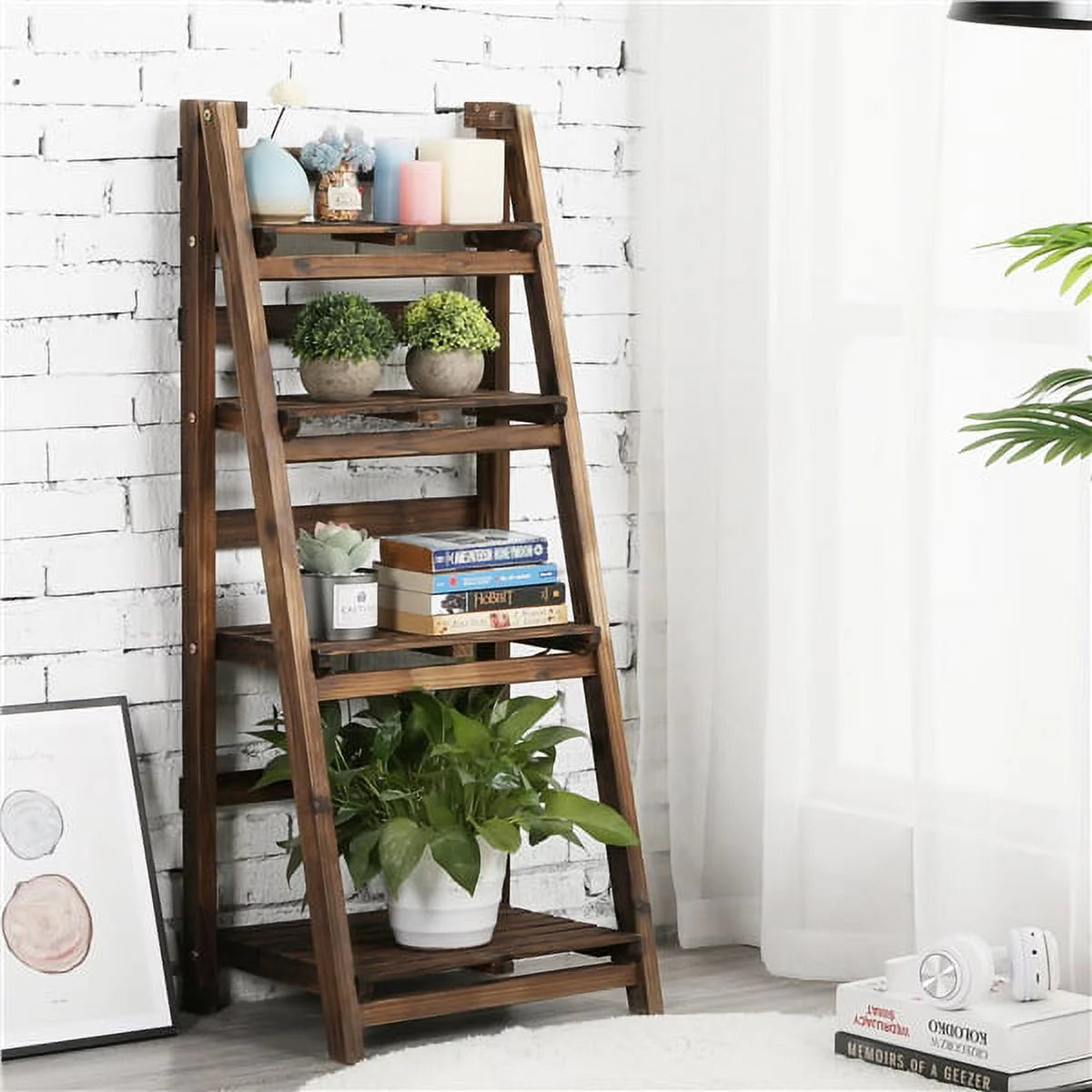 4 Tier Foldable Wooden Flower Stand Ladder Shelves G53959