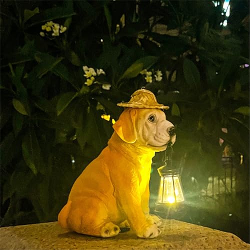Resin Dog Statues with Straw Hat and Solar Led Lantern Q19478