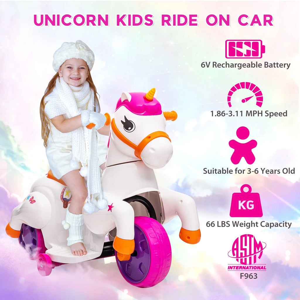 6V Unicorn Rocking Horse Toy Car with Music, Training Wheels J9265