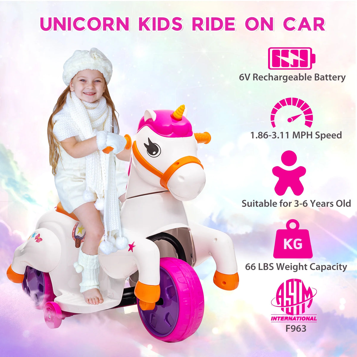 6V Unicorn Rocking Horse Toy Car with Music, Training Wheels J9265