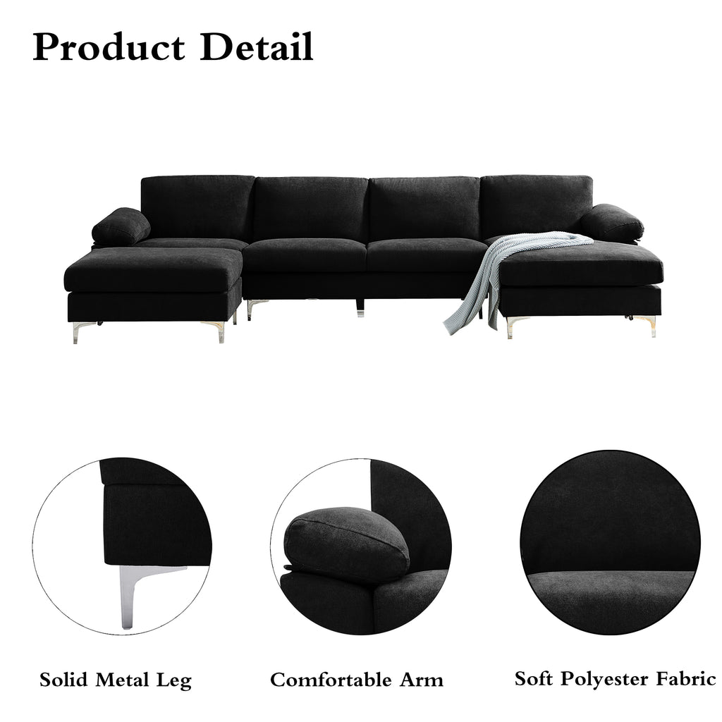 Black Polyester L-Shaped Sectional Sofa with Ottoman V304