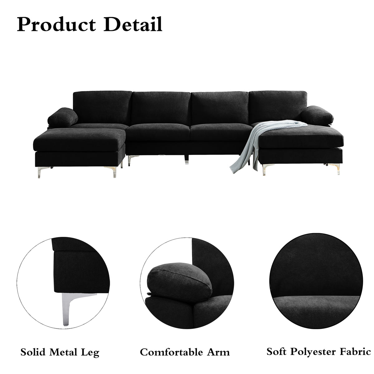 Black Polyester L-Shaped Sectional Sofa with Ottoman V304