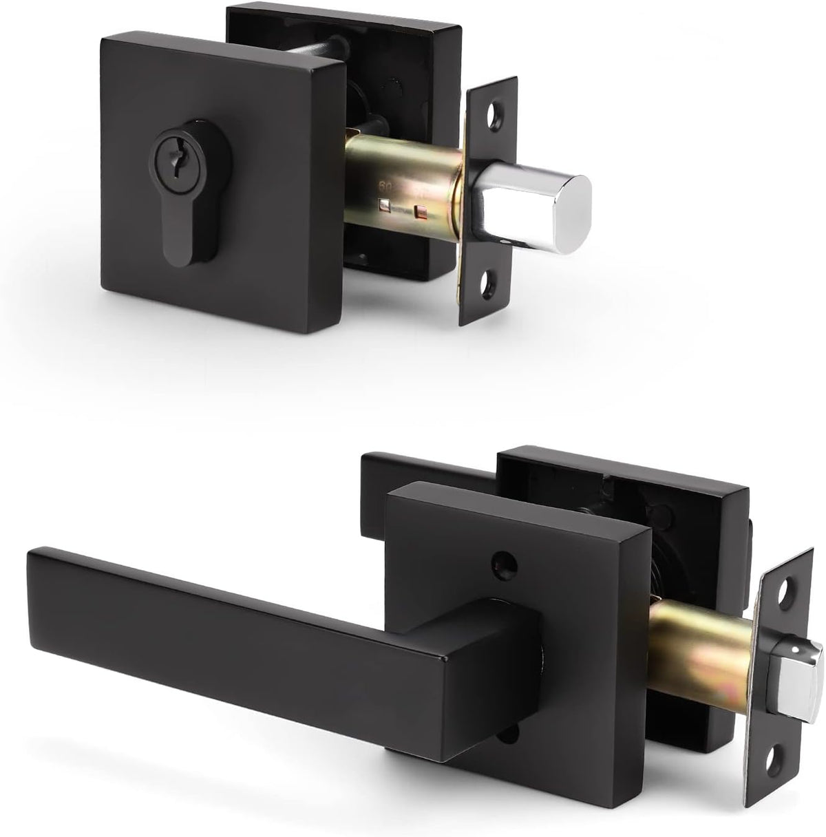 6 Pack Square Matte Black Door Handle Set with Double Keyed Deadbolt E627