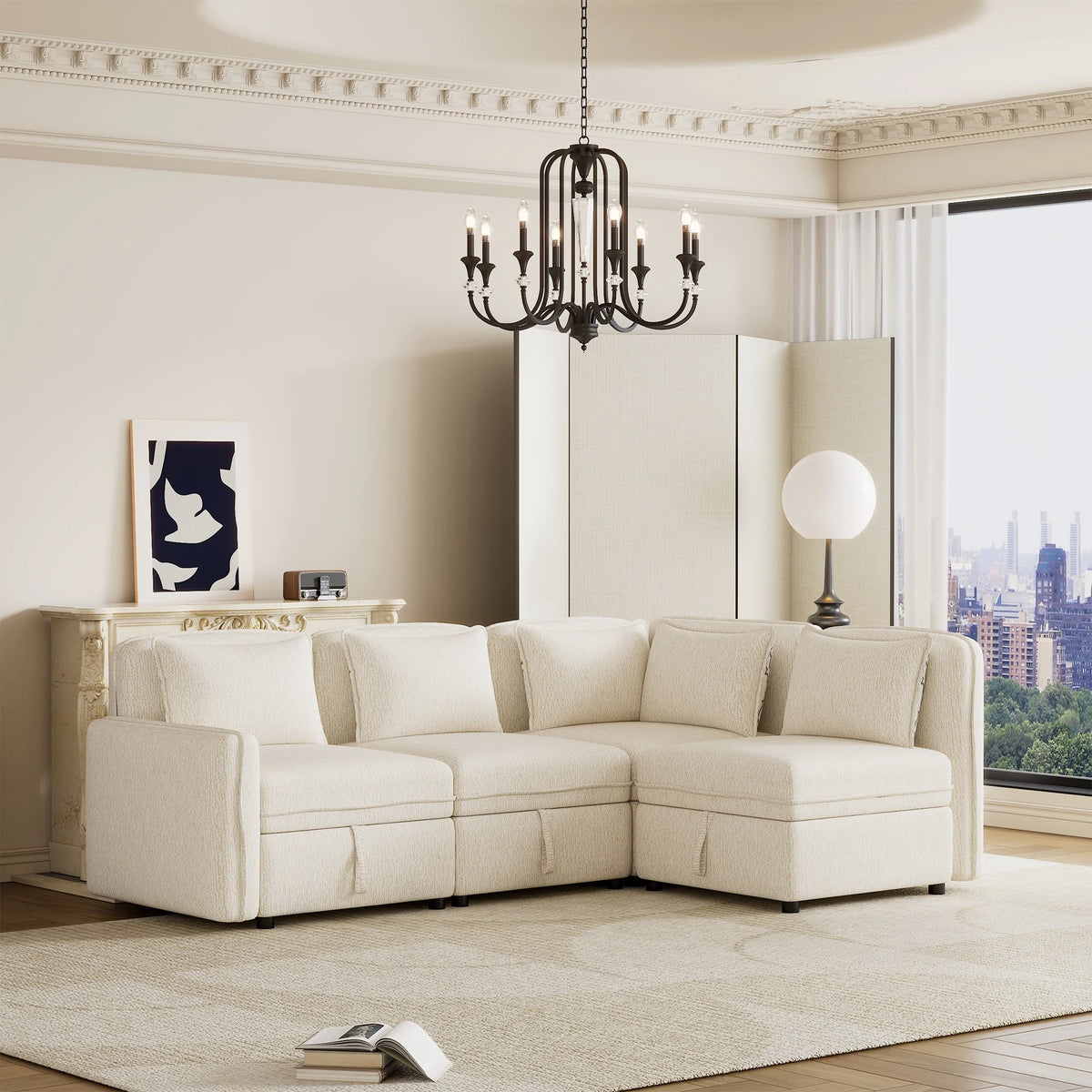 Oversized Chenille Sectional Sofa with Storage N73754