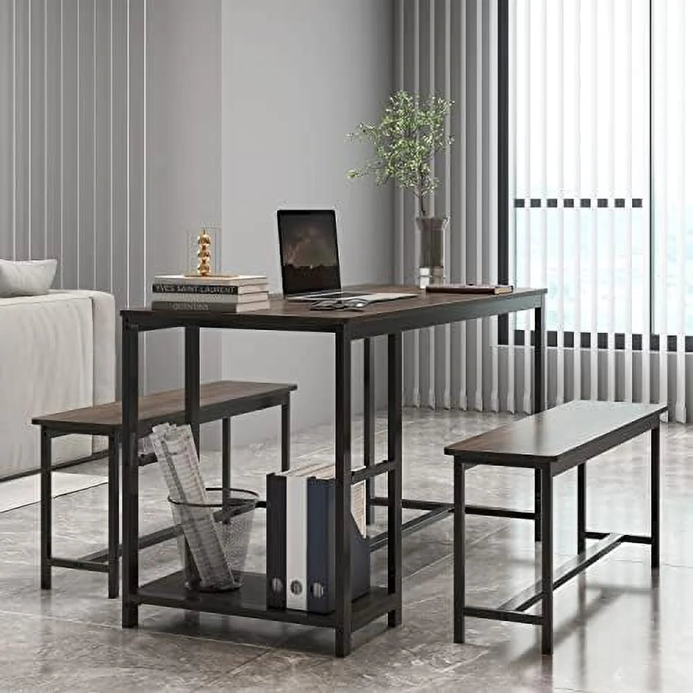 3-Piece Rustic Wood Dining Table Set with Benches K617