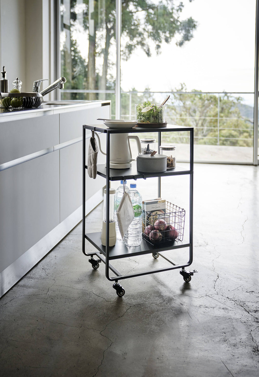 Black Steel Three-Tier Rolling Server Cart Q7766