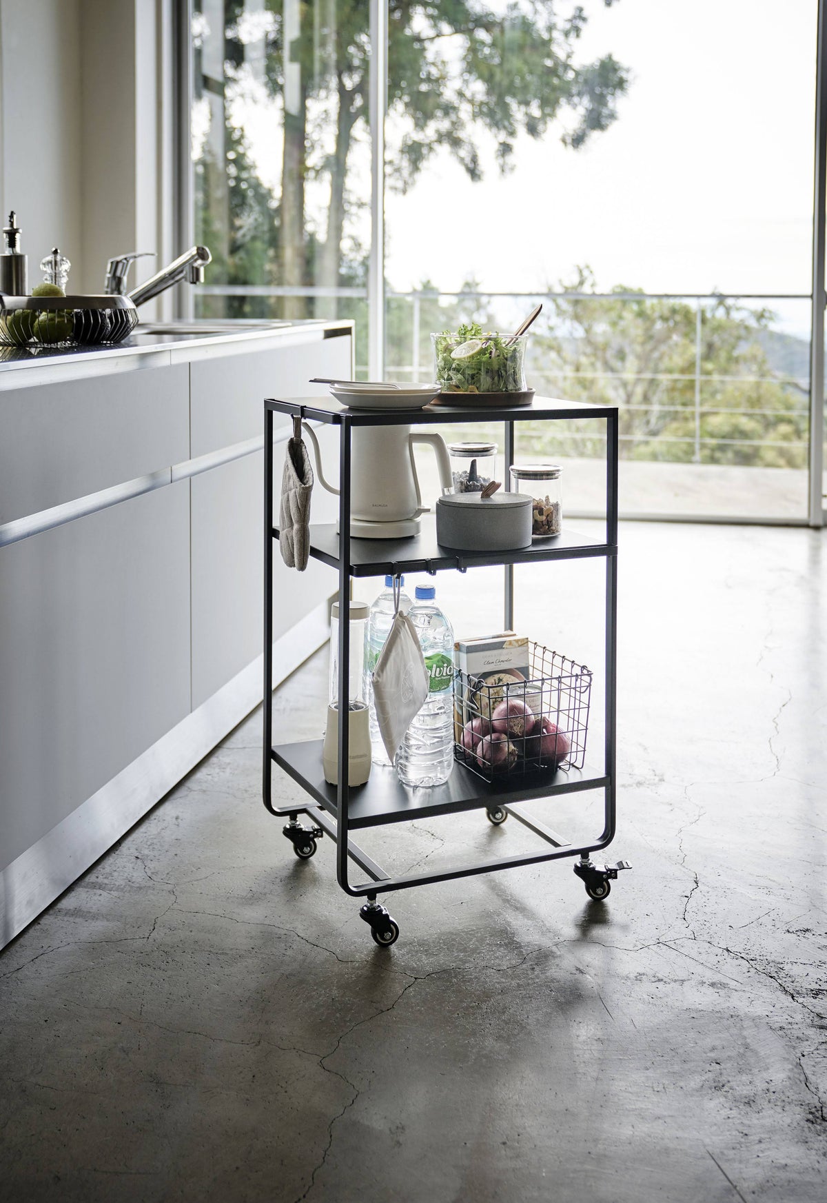 Black Steel Three-Tier Rolling Server Cart Q7766