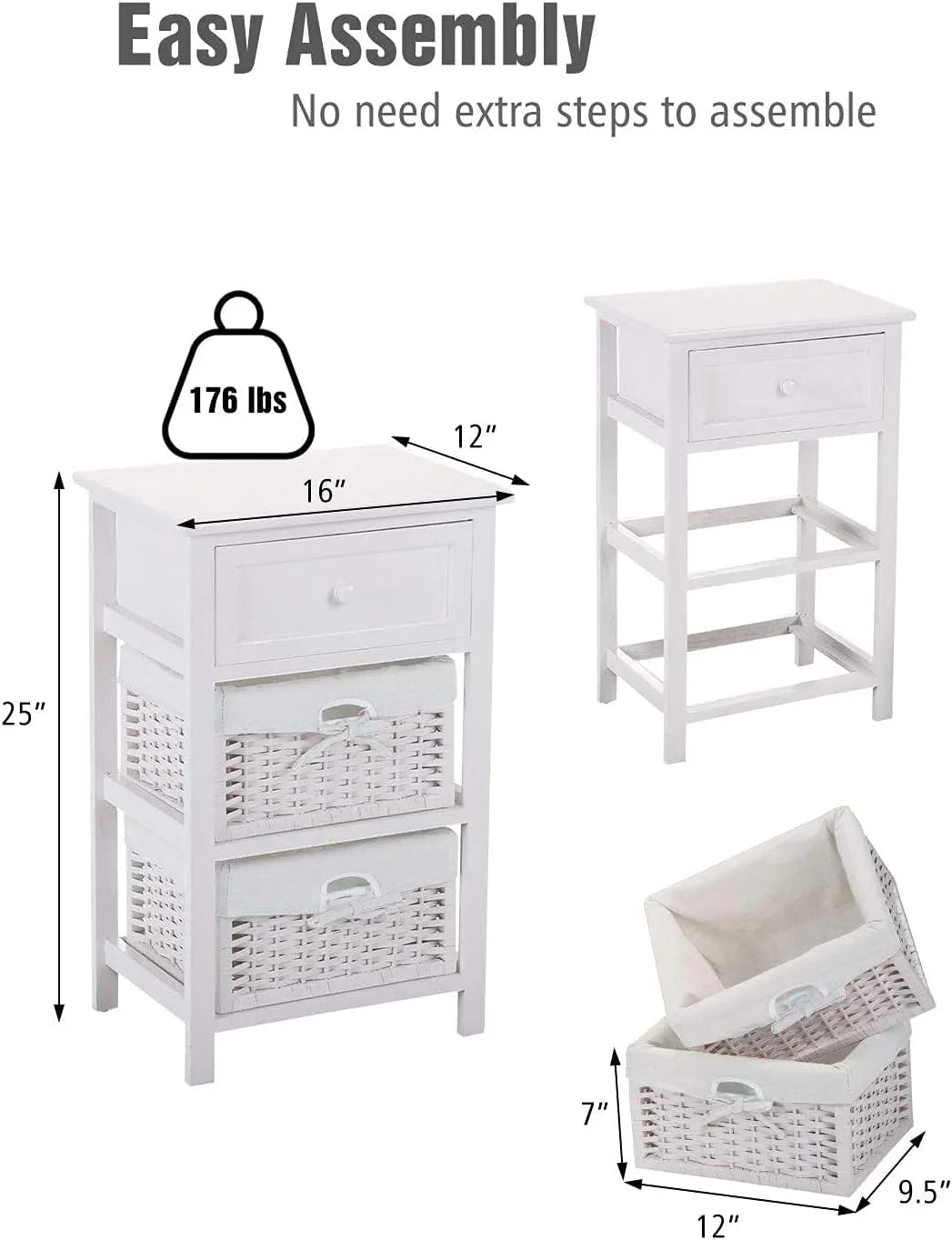 White 3 Tiers Nightstand with One Drawer 2 Baskets N354104